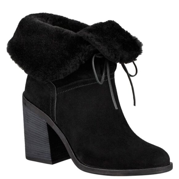 Ugg Australia Jerene Black Suede Leather Shearling Block Heel Ankle Boots Bootie - Picture 1 of 9